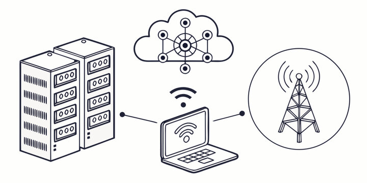 a diagram showing a laptop connecting to a server and a cell tower through the cloud Vector