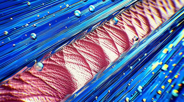 Abstract macro shot of vibrant blue and pink textured ribbons with glistening water droplets creating a futuristic high-tech and visually striking background for design projects