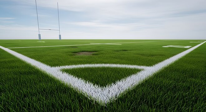 Green rugby field corner with white lines and distant goalposts under a bright blue sky for sports