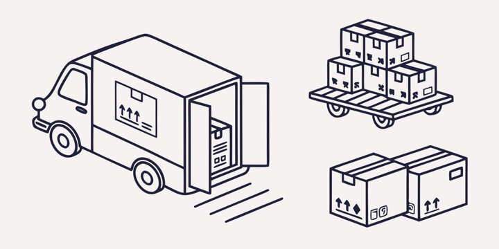 a delivery truck and boxes on a pallet Vector