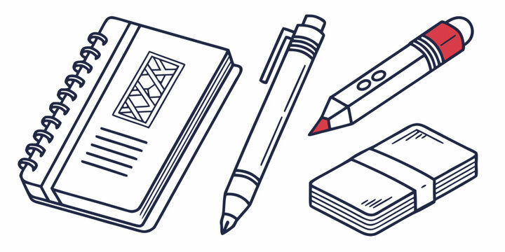 a notebook, pen, pencil, and eraser on a flat surface Vector