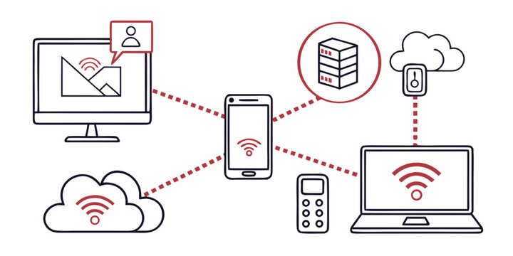 devices connected to a network with wifi signals Vector