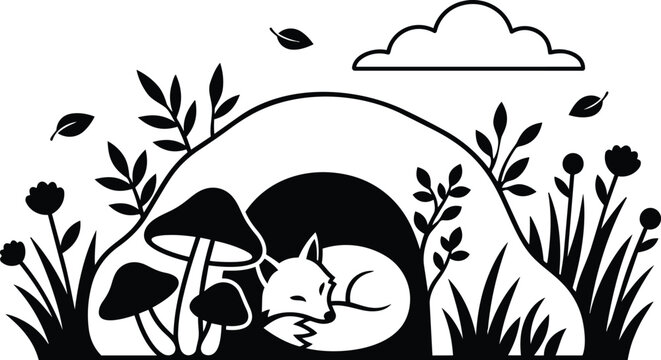 Flat design side view sleeping fox curled inside den with mushrooms wild grasses leaves cloud simple black silhouette cute nature