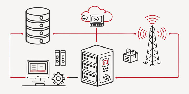 network system infrastructure with server and tower Vector