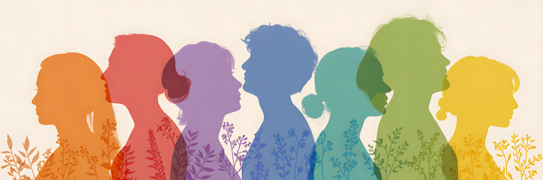 Rainbow Silhouettes of Diverse People with Floral Patterns