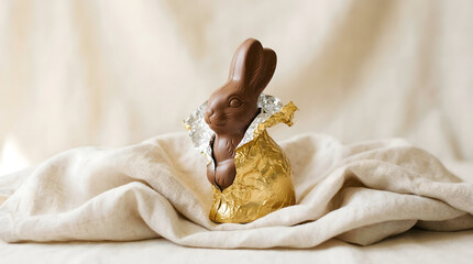 Partially unwrapped chocolate Easter bunny placed on soft fabric with gentle natural lighting creating a cozy festive feel