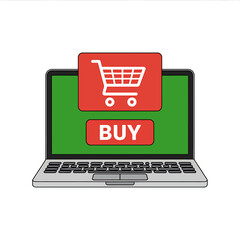 Laptop computer with shopping cart and buy button on screen for online shopping