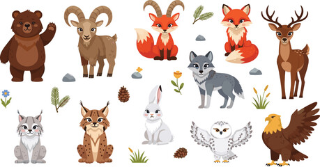 Fototapeta premium Forest Wildlife Animals Vector Illustration Set Featuring Bear, Ram, Fox, Deer, Wolf, Lynx, Rabbit, Owl, and Eagle for Nature Graphics and Kids Designs.