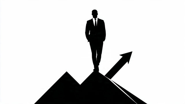 silhueta de homem de negocios sobre piramide com seta para cima conceito crescimento e sucesso financeiro isolado em fundo branco