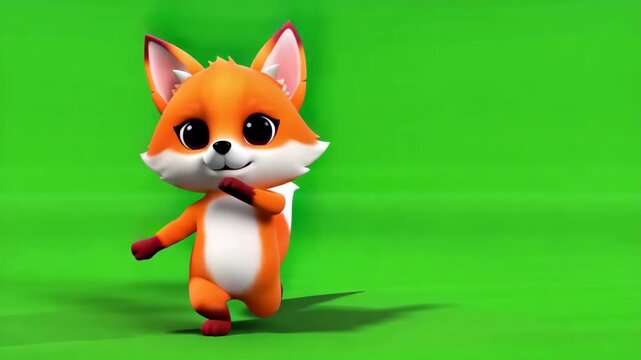 Cute Animated Fox Character with Bright Orange Fur and Big Eyes Against a Green Background