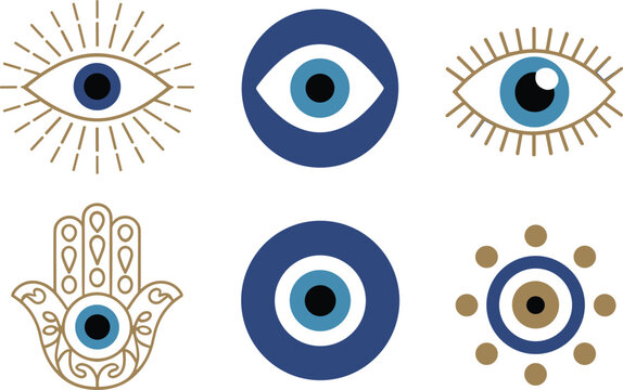 Mystical evil eye and hamsa hand protective symbols, spiritual talisman vector icons, cultural amulet design for protection, flat vector illustration
