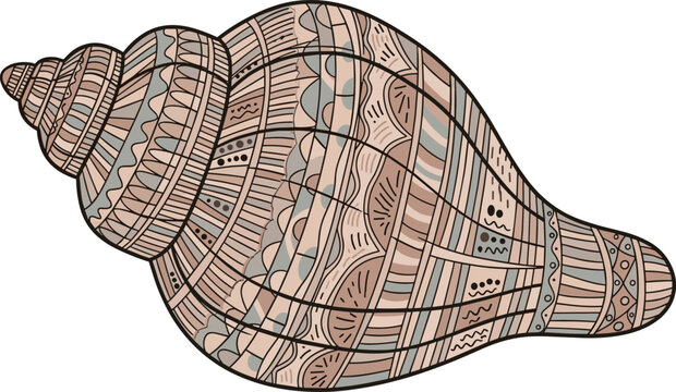 Decorative Hand-Drawn Shell Illustration with Intricate Patterns in Earthy Tones for Nature and Beach Themes