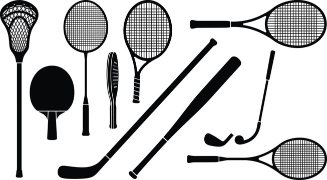 Sports equipment silhouettes set, tennis rackets baseball bat hockey stick ping pong paddle lacrosse gear vector illustration collection