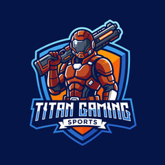 This high-energy logo design features a futuristic armored character with a weapon, ideal for esports teams, representing skill, strategy, and excitement in gaming.