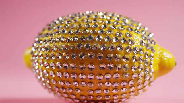 Yellow lemon adorned with sparkling rhinestones rotates against a pink background, showcasing its shiny surface and intricate design details in a visually engaging manner