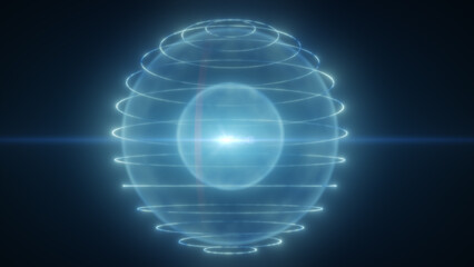 Glowing blue holographic sphere with stacked orbit rings and lens flare on dark background, futuristic technology abstraction © Bolbik