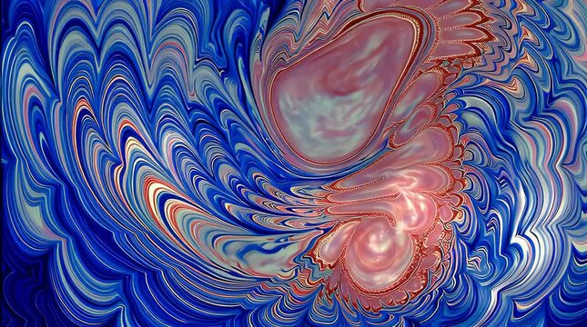 Abstract swirling patterns in vibrant blues reds and whites create a dynamic fluid artwork evoking energy movement and an organic psychedelic feel against a black background