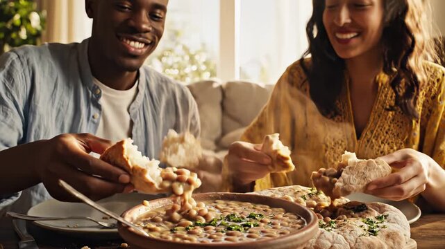 Two friends enjoying traditional meal together, breaking bread and sharing laughter over a bowl of beans in a cozy, sunlit living room setting