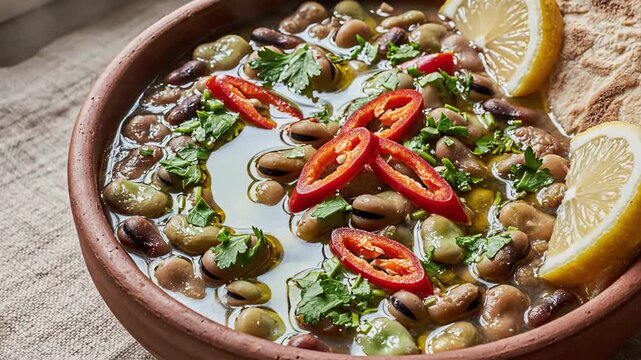 Colorful bowl of mixed beans garnished with fresh herbs, sliced red chili, and lemon wedges, placed on a textured linen surface in a cozy kitchen setting