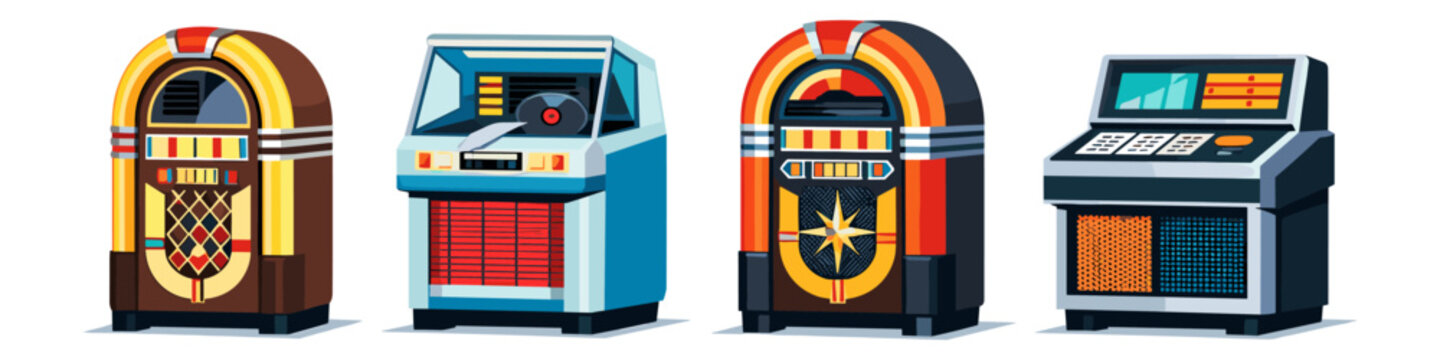 Collection of four vintage jukeboxes in different retro styles and colors