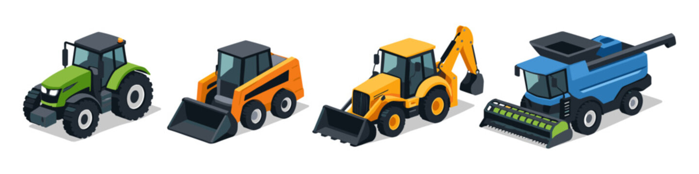 Set of isometric agricultural and construction vehicles including tractor, skid steer, backhoe, and combine harvester