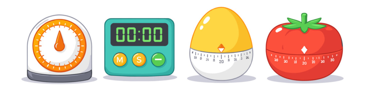 Collection of four diverse kitchen timers, including analog, digital, egg, and tomato shapes