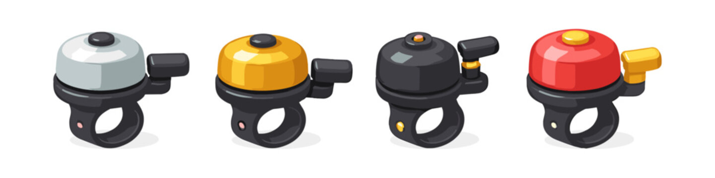 Collection of four colorful bicycle bells with black bases and silver, gold, black, and red tops