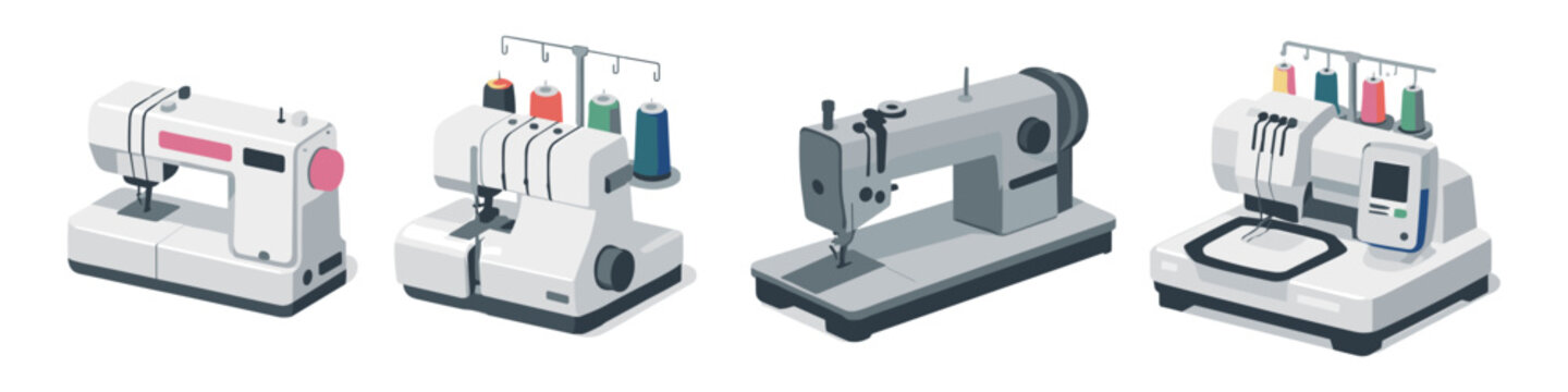 Collection of four different sewing machines in isometric view on white background