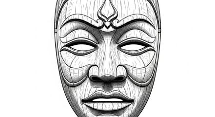 Obraz premium Intricate Carved Wooden Mask with Detailed Facial Features.