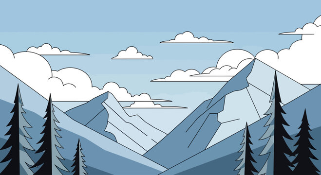 Stylized mountain range with evergreen trees and clouds against a blue sky