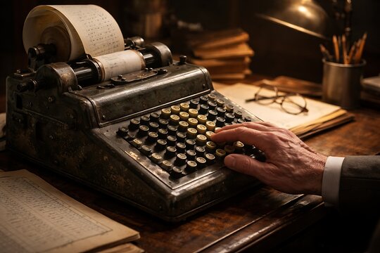 Hand Operating Antique Mechanical Adding Machine on a Vintage Desk