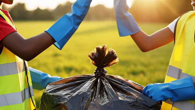 Two children wearing safety vests and blue gloves high-five while holding a black garbage bag in a sunny outdoor field with green grass and trees in the background