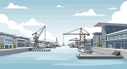 Fototapeta premium Modern harbor with cranes, buildings, boats, and a sailboat under a cloudy sky