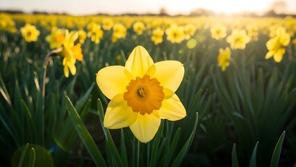 Obraz premium Golden yellow daffodils blooming in a vast field under the warm glow of sunlight