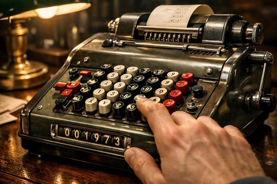Hand Operating a Vintage Mechanical Adding Machine