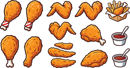 Crispy fried chicken pieces and french fries fast food vector set with dipping sauce, crunchy golden snack collection isolated on light background © MdMostafijur