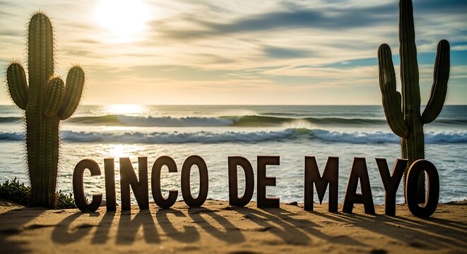 Cinco de mayo celebration background with cacti by ocean on sunny day