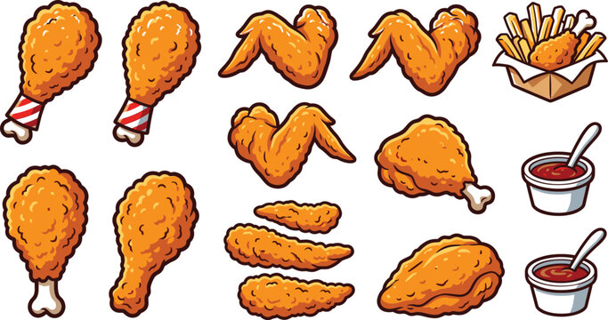 Crispy fried chicken pieces and french fries fast food vector set with dipping sauce, crunchy golden snack collection isolated on light background