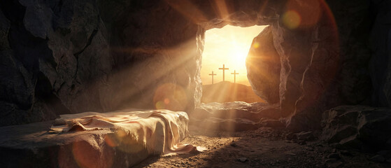 Naklejka premium Empty tomb with crucifixion at sunrise. Resurrection concept.
