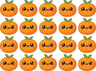 Fototapeta premium Cute Kawaii Orange Fruit Cartoon Character Set with Funny Smiling Faces Adorable Citrus Mascot Collection for Kids Stickers Vector Illustration
