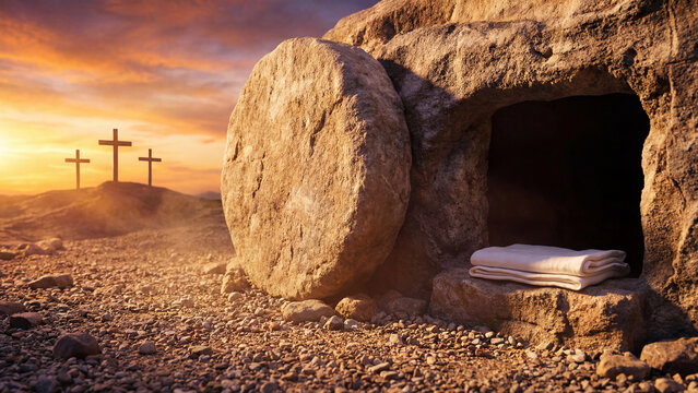 Empty tomb with crucifixion at sunrise. Resurrection concept.