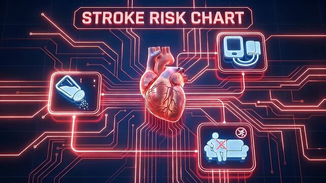 Stroke risk chart heart health medical hypertension salt technology infographic with human heart healthcare illustration neon digital circuit background unhealthy lifestyle and medical technology