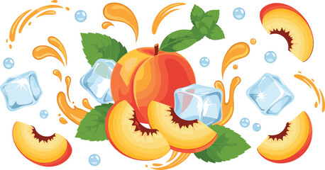 Ripe peach fruit with slices mint leaves ice cubes and juice splash refreshing summer vector illustration © EdGe Creative