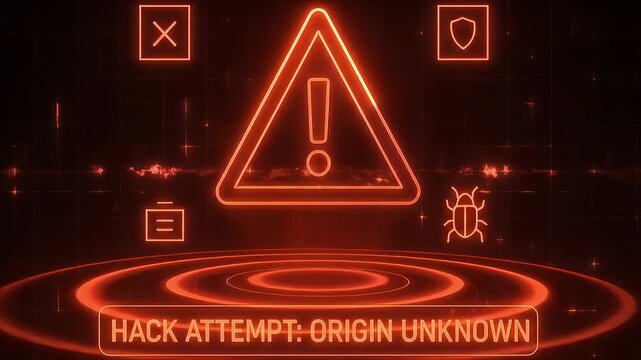 Cyber security hacking digital warning alert symbol data breach glowing red computer virus cyber attack futuristic interface neon design system breach malware threat network security cyber crime hack