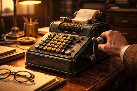 Vintage Mechanical Adding Machine Operated by Hand on a Wooden Desk