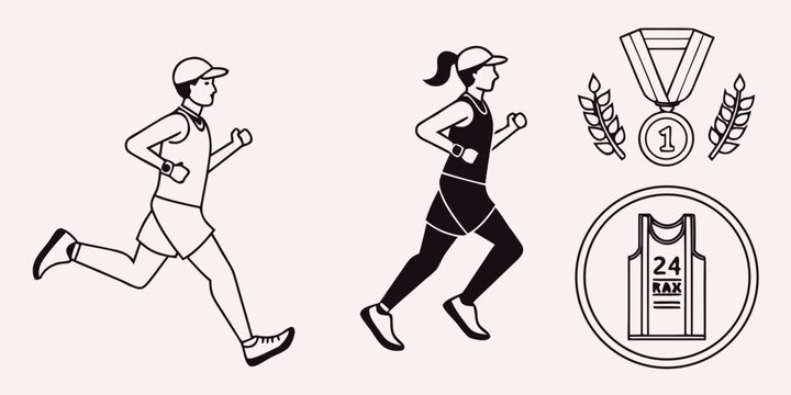 a man and a woman running with a medal and a trophy Vector