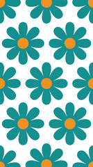 Seamless pattern of teal daisy-like flowers with orange centers on white