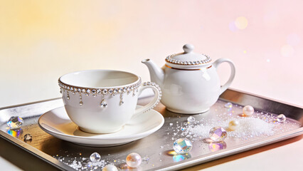 Fototapeta premium Tea Party Set Embelished with Rhinestos, Gradient Bokeh Background