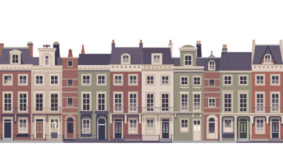 Obraz premium Colorful cartoon townhouses with various architectural styles stand in a horizontal.