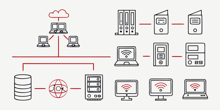 a diagram showing a network of computer devices connected to a central server Vector